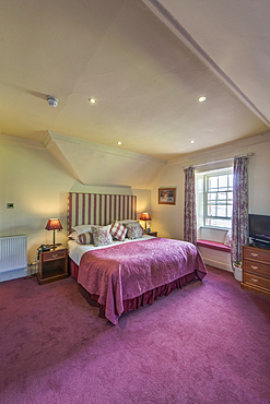 Hotel bedroom with traditional decor and sloped ceiling.