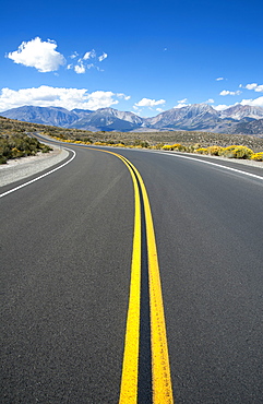 Empty road, Highway 120, curving around corner, near Mono Lakes.