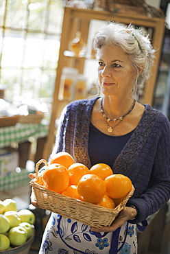 Organic Farmer at Work. A woman carrying a box of large oranges, Accord, New York, USA