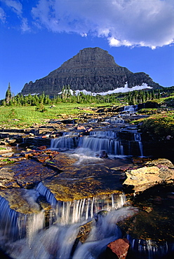 The landscape of Glacier National Park, to Mount Reynolds peak, and Logan Pass. Water flowing over rocks, Glacier National Park, Montana, USA