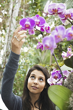 A young woman reaching up to admire an orchid growing in an indoor glasshouse in a botanical garden in New York City, West Kill, New York, USA