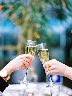 Two women toasting each other with glasses of champagne, England