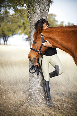 A woman standing under a tree in a field, holding a horse by the halter and stroking its head, Santa Fe, New Mexico, USA