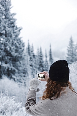 A woman using a smart phone, photographing pine forests in snow,