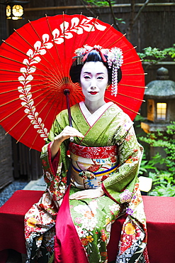 A woman dressed in the traditional geisha style, wearing a kimono and obi, with an elaborate hairstyle and floral hair clips, with white face makeup with bright red lips and dark eyes seated holding an umbrella, Japan