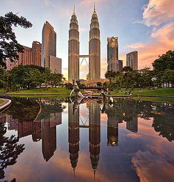 Illuminated Petronas Towers Kuala Lumpur, Malaysia, Reflection in lake, Kuala Lumpur, Malaysia