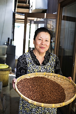 Japanese woman standing in a textile plant dye workshop, holding basket with Akane, Rubia plant powder, smiling at camera, Kyushu, Japan