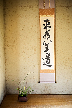 Close up of wall sign with Japanese script, Kyushu, Japan