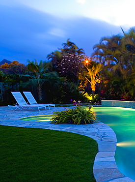 Tropical Backyard Pool at Night, Hawaii, United States of America