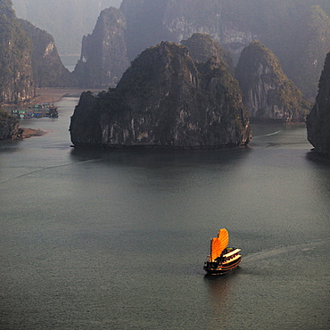 Chinese Boat With Orange Sails, Halong Bay, Quang Ninh, Vietnam