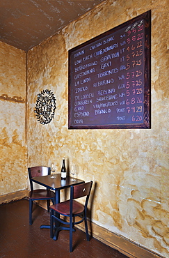 Blackboard and table in wine bar, Tacoma, Washington, USA