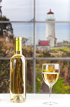 Close up of bottle of wine and glass on table, Studio, Washington, USA