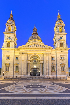 St. Stephen's Basilica illuminated at dusk, Budapest, Hungary