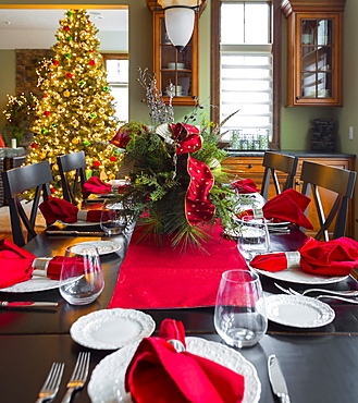 Christmas table and tree in dining room