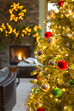 Close up of Christmas tree in living room