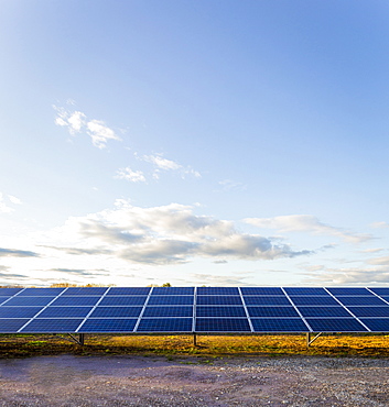 Solar panels under blue sky in remote landscape