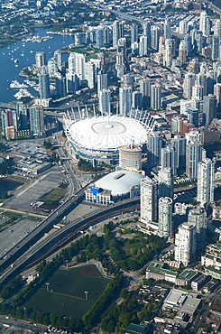 Aerial view of stadium in Vancouver cityscape, British Columbia, Canada