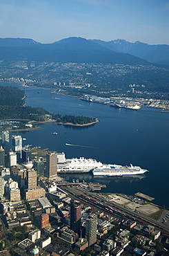 Aerial view of river and Vancouver cityscape, British Columbia, Canada