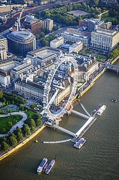 Aerial view of London cityscape and river, England