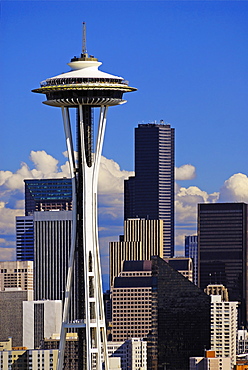 Space Needle and high rise buildings in Seattle city skyline, Washington, United States