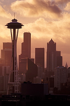 Space Needle and high rise buildings in Seattle city skyline, Washington, United States