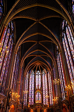 Arched roof of ornate St Chappelle cathedral, Paris, Ile-de-France, France