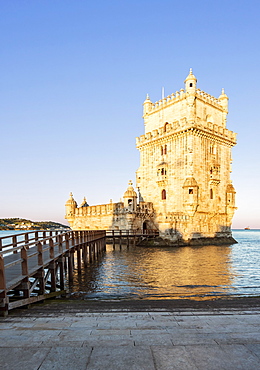 Belem Tower and pier on water, Lisbon, Portugal, Lisbon, Portugal