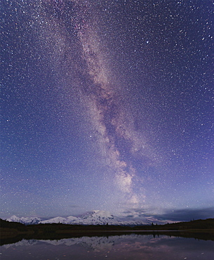 Starry sky over mountain and lake, Denali, Alaska, USA