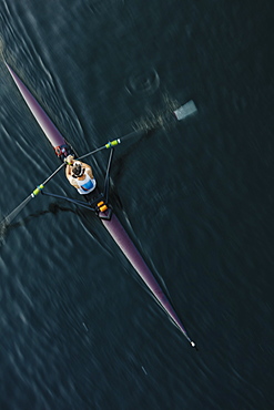 View from above of single scull crew racer, Lake Union, Seattle, Washington, United States of America