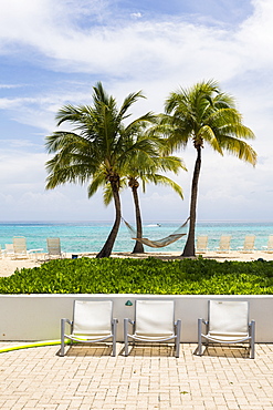 Pool chairs and palm trees on a tropical island beach, Grand Cayman, Cayman Islands