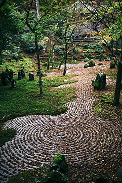 Gravel path with concentric patterns at a zen rock garden, Kyushu, Japan