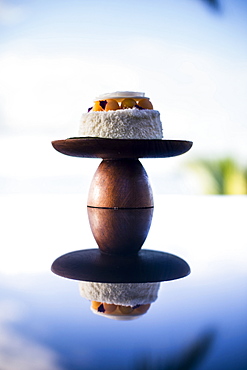 Close up of coconut and mango bedside cake, Thailand