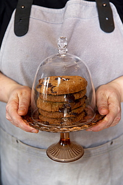 Close up of person wearing apron holding domed glass cake stand with stack of chocolate chip cookies