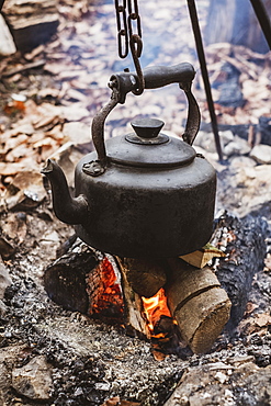 High angle close up of kettle over camp fire in a forest, Devon, United Kingdom