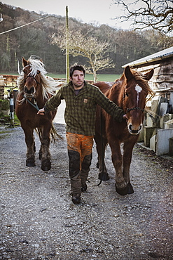 Portrait of a logger with two of his work horses, Devon, United Kingdom