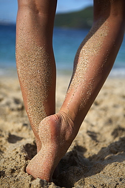 Rear view low section of person standing barefoot on a sandy beach