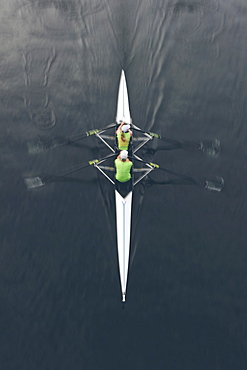 Overhead view of a double scull pair rowing together, two people, Washington, United States