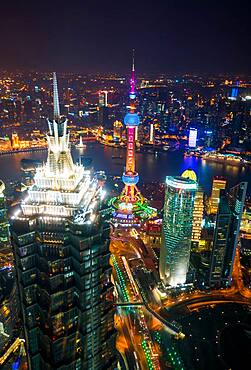 Aerial view of the Pudong Financial district at dusk, Shanghai, China, China