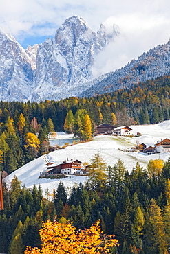 Winter snow, StMagdalena village, Geisler Spitzen, Val di Funes, Dolomites mountains, Trentino-Alto Adige, South Tyrol, Italy