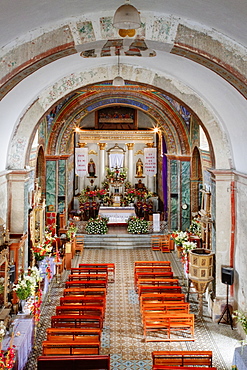 High angle view of an ornate church decorated with flower arrangement