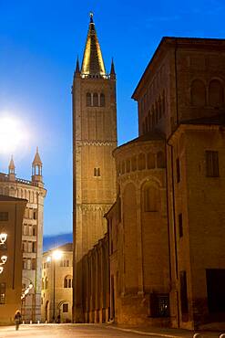 Piazza Duomo, cathedral and baptistery in the centre of Parma at dusk