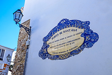 Traditional local street sign and street lamp, Old Town, Albufeira, Algarve, Portugal, Europe