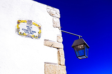 Traditional local street sign and street lamp, Old Town, Albufeira, Algarve, Portugal, Europe