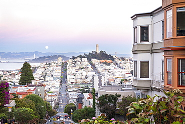 Super moon and view to Bay Area, including San Francisco-Oakland Bay Bridge, San Francisco, California, United States of America, North America