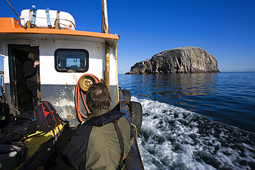 Boat approaching Bass Rock. Firth of Forth, Scotland, UK