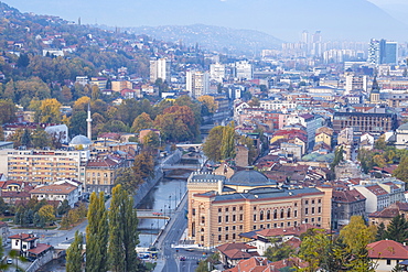 View of city and Miljacka River, Sarajevo, Bosnia and Herzegovina, Europe