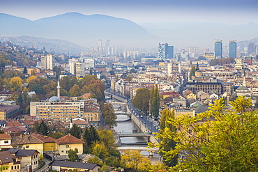 View of city and Miljacka River, Sarajevo, Bosnia and Herzegovina, Europe