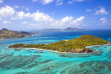 Aerial view of Petit St. Vincent, with Petite Martinique to the left and Carriacou, Grenada in the distance, The Grenadines, St. Vincent and The Grenadines, West Indies, Caribbean, Central America