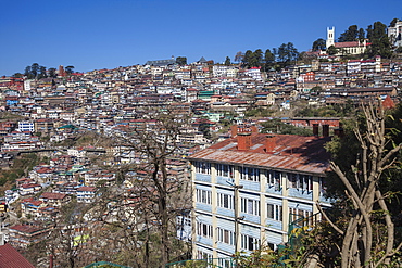 Terrace garden of Clarkes Hotel and city view, Shimla (Simla), Himachal Pradesh, India, Asia