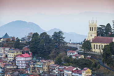 View of city looking towards the Ridge and Christ Church, Shimla (Simla), Himachal Pradesh, India, Asia